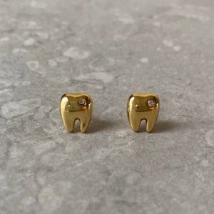 NWT Gold tooth earrings with cubic zirconia push back dentist dental school